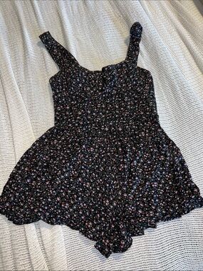 American Eagle Black Floral Sundress Romper - Pink & Blue Blossom Print
